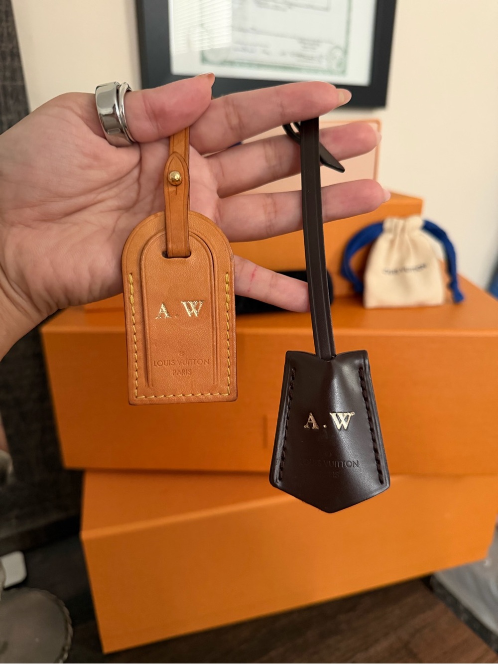 Louis Vuitton Leather Initialed Luggage Tags in Tan and Dark Brown - Picture 1 of 5